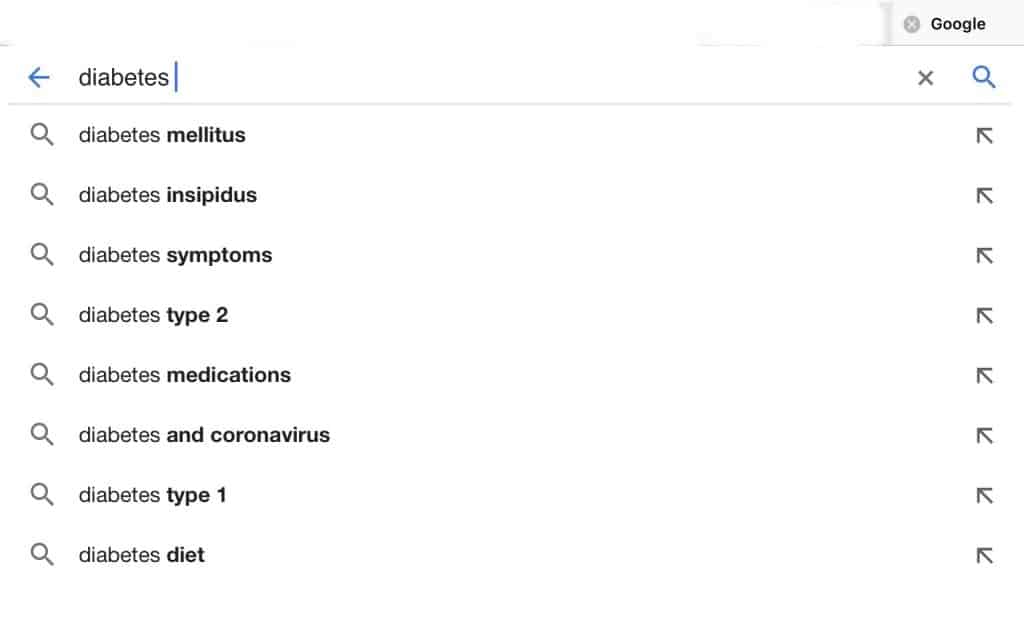 Demonstrating an example of a pharma marketing tool - the list of options by Google, when typing in search box